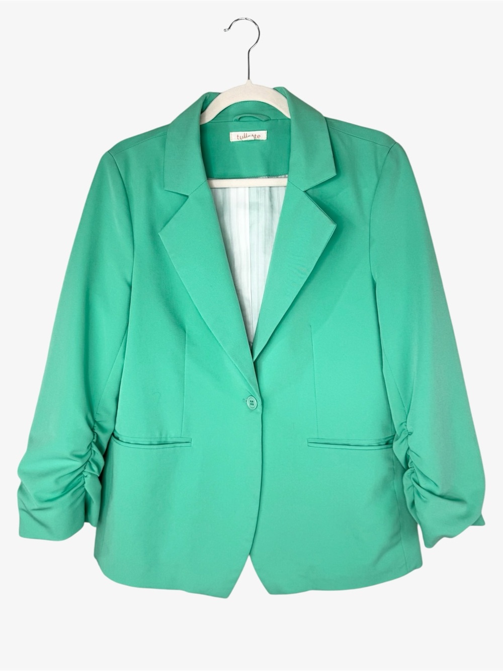 Tullette Vibrant Pastel Mint Green Single-Button Blazer L Ruched 3/4 Sleeves EUC